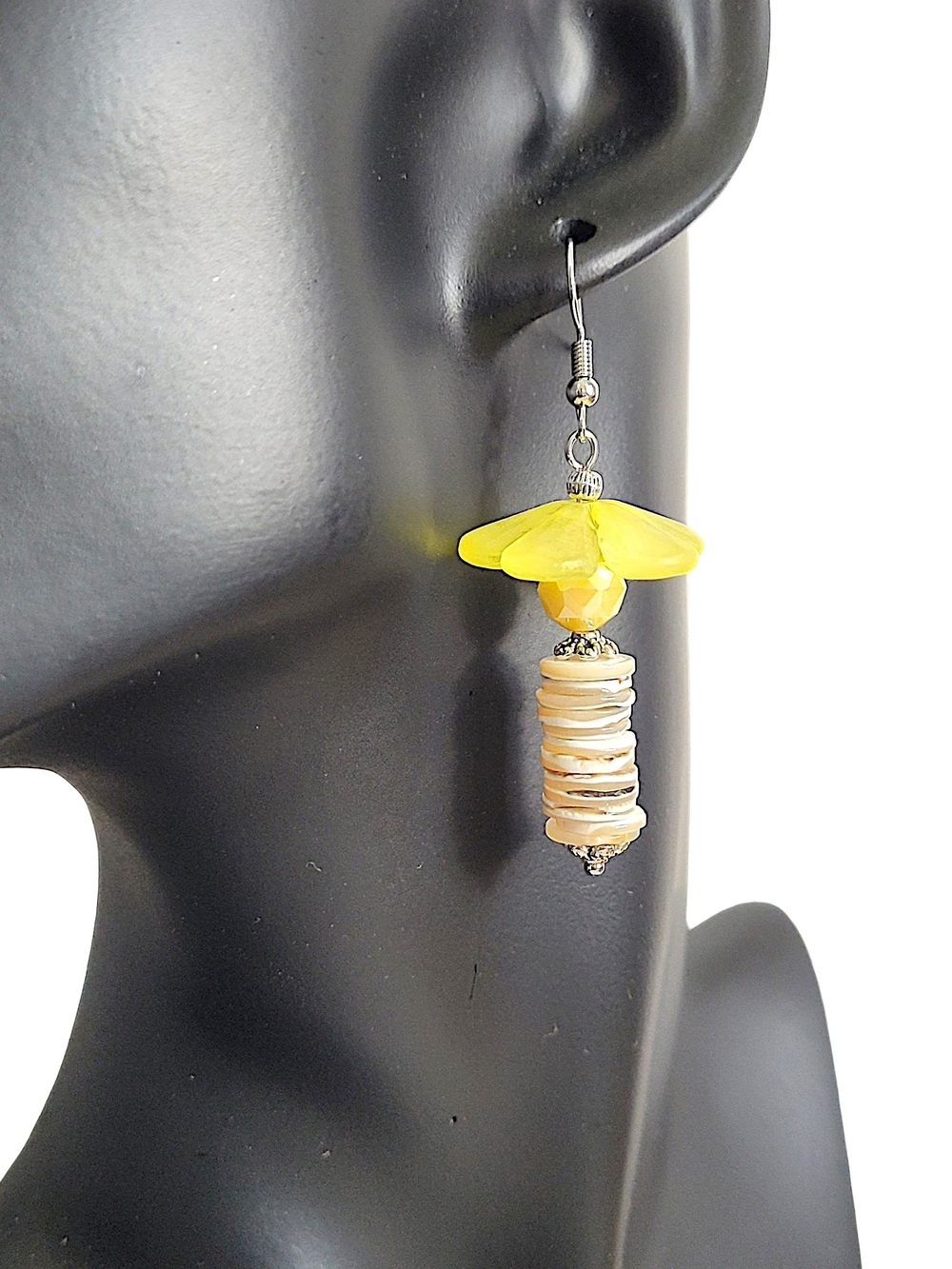Hand Crafted Yellow Lucite, Glass & Mother of Pearl Shell Stack Dangle Earrings - Picture 3 of 10